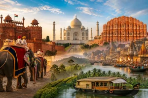 A vibrant collage featuring the Taj Mahal, Red Fort, Hawa Mahal, Varanasi ghats, tea plantations, elephants, and a Kerala houseboat.