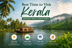 Best time to visit Kerala featuring a traditional houseboat, backwaters, palm trees, and green hills