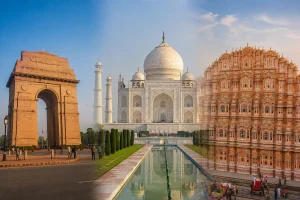 Golden Triangle India featuring Delhi, Agra’s Taj Mahal, and Jaipur’s Hawa Mahal.