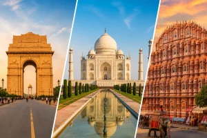 Vibrant travel collage featuring India Gate in Delhi, the Taj Mahal in Agra, and Hawa Mahal in Jaipur.