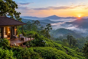 Luxury hill station resort overlooking misty tea plantations in Kerala