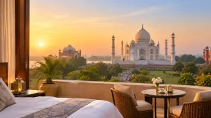 Luxury hotel terrace overlooking the Taj Mahal in Agra