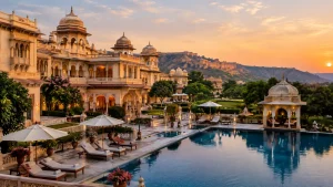 Luxury palace hotel in Jaipur with a pool and Aravalli Hills