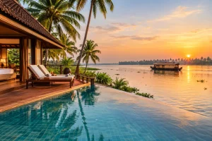 Luxury Kerala resort with private pool overlooking the backwaters at sunset