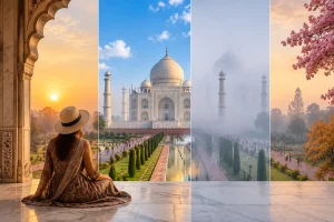 Best time to visit Agra and Taj Mahal showing sunrise views, seasonal weather changes, fog conditions, and travel experiences