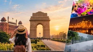 Best time to visit Delhi showing India Gate, Red Fort and seasonal travel scenes