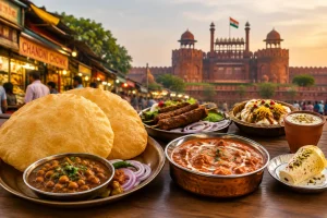 Famous Delhi street food including chole bhature, kebabs, chaat and butter chicken