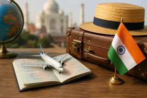 India tourist visa for US citizens with passport, airplane, luggage, and Indian flag