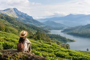 Scenic view of Munnar tea plantations, lake and misty Western Ghats mountains