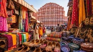 Shopping in Jaipur markets with colorful textiles, jootis, blue pottery, bangles and traditional jewelry near Hawa Mahal