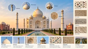 Taj Mahal architecture showing dome, minarets, chhatris and decorative details
