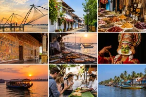 Collage of Kochi attractions including Chinese fishing nets, spice markets, heritage streets, Kathakali and sunset cruises