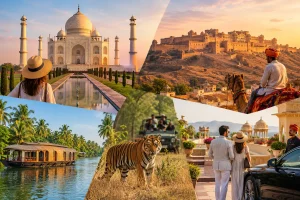 Luxury India holiday featuring the Taj Mahal, Rajasthan fort, Kerala backwaters, tiger safari, and palace hotel