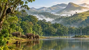 Wild elephants near a lake surrounded by lush forests and misty Western Ghats mountains, showcasing wildlife in Kerala's national parks.