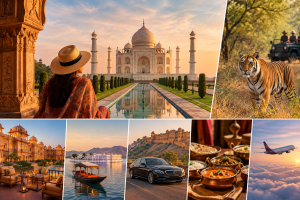 Luxury India trip featuring the Taj Mahal, tiger safari, palace hotels, private travel, Indian cuisine, and domestic flights