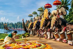 Colorful Kerala festival with decorated elephants, traditional drummers, flower pookalam and snake boats by the backwaters