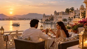 Luxury honeymoon trip in India with a couple enjoying a romantic sunset dinner overlooking a palace and lake in Udaipur.