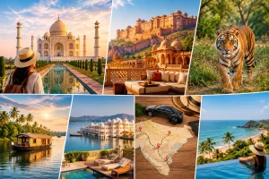 Luxury India tour featuring the Taj Mahal, Rajasthan palaces, tiger safari, Kerala backwaters, and beach resorts
