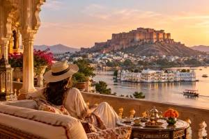 Luxury Rajasthan tour featuring a traveler relaxing at a heritage palace terrace overlooking a royal fort, lake, and traditional architecture at sunset.