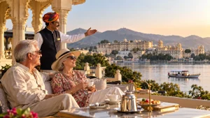 Senior citizen tours in India featuring an elderly couple enjoying a luxury heritage hotel stay with scenic lake and palace views in Udaipur.