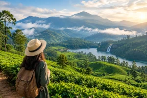 Scenic view of Munnar tea plantations, misty mountains, lake and waterfall